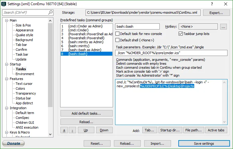 Bash будет запускаться в папке Desktop/Projects