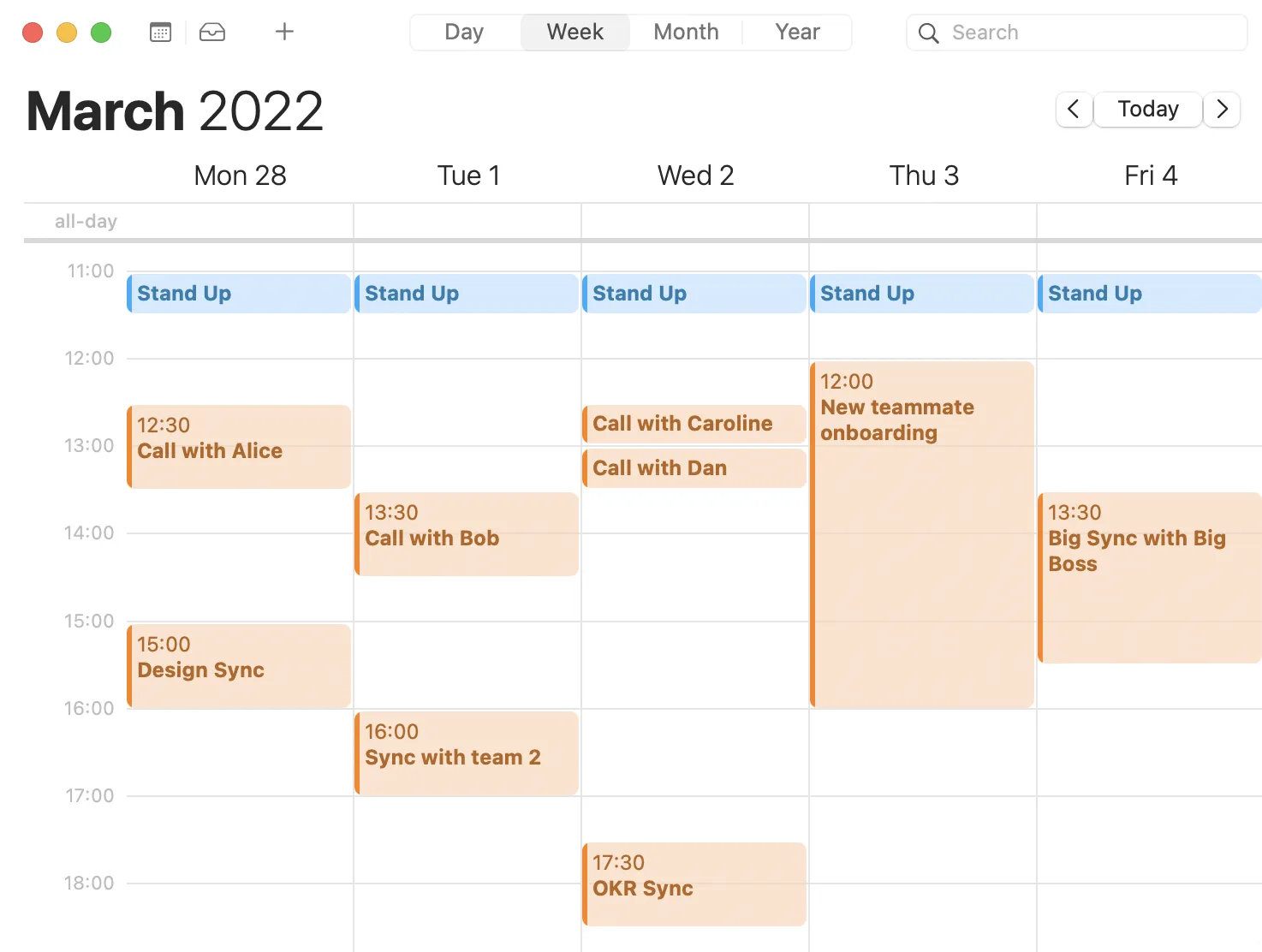 The manager's calendar is full of events, often scheduled chaotically.